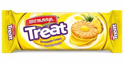 Britannia Treat O Som Pineapple Sandwich Biscuits 100g yellow packet featuring the Treat logo and pineapple-flavoured sandwich biscuit design.