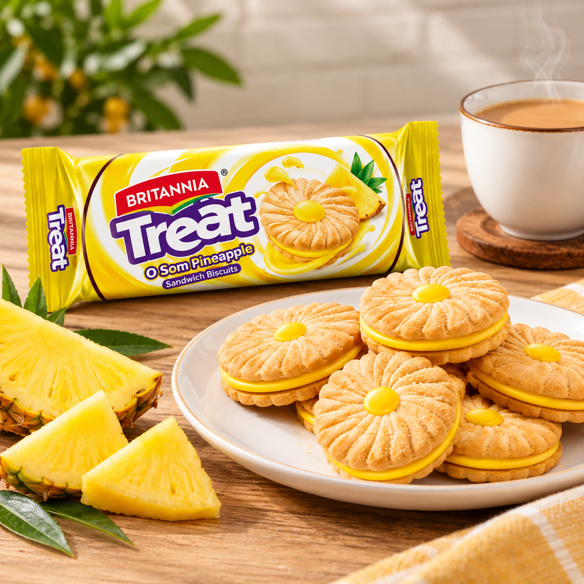 Britannia Treat O Som Pineapple Sandwich Biscuits packet displayed with a plate of biscuits, fresh pineapple and a cup of tea on a wooden table.