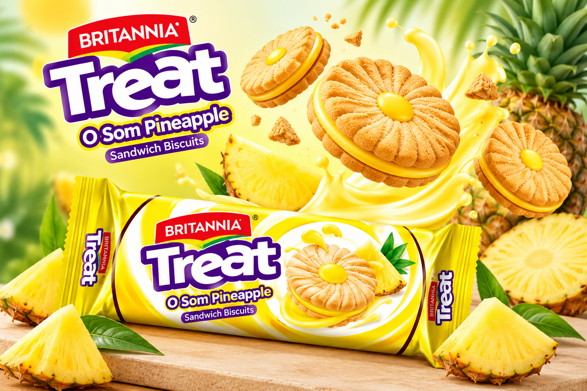 Britannia Treat O Som Pineapple Sandwich Biscuits promotional image featuring the yellow packet, golden cream-filled biscuits, pineapple slices and a tropical green and yellow background.