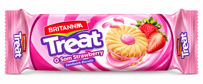 Britannia Treat O Som Strawberry Sandwich Biscuits 100g pink packet featuring the Treat logo and strawberry-flavoured sandwich biscuit design.