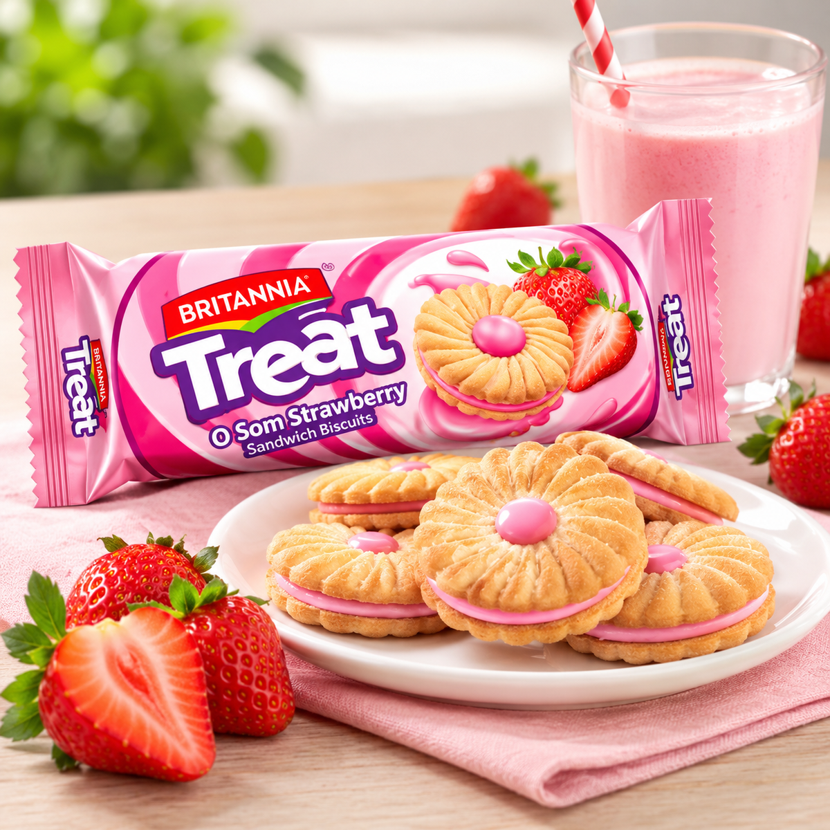 Britannia Treat O Som Strawberry Sandwich Biscuits packet displayed with strawberry biscuits on a plate, fresh strawberries and a glass of strawberry milk.