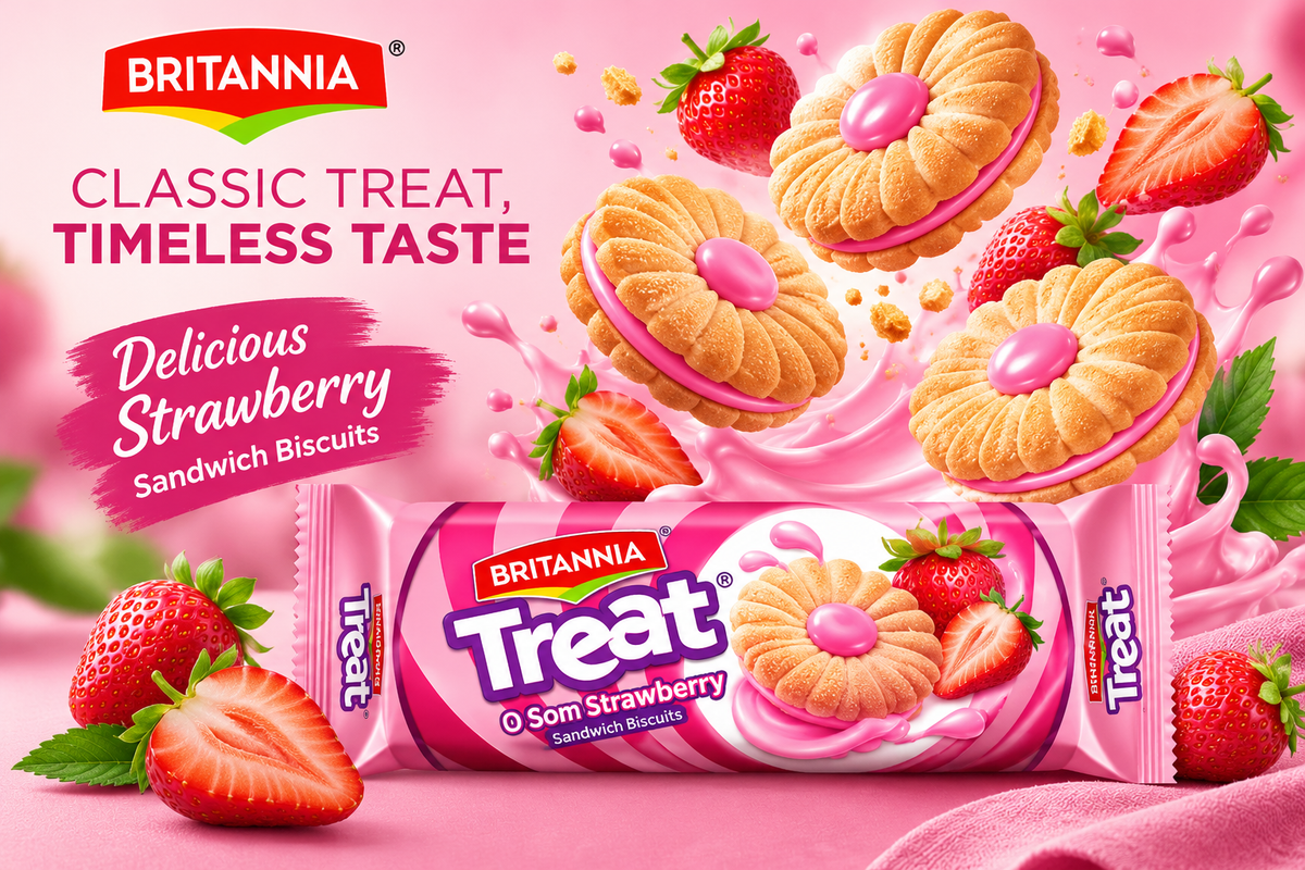 Britannia Treat Strawberry Sandwich Biscuits promotional poster featuring the pink packet, a strawberry-flavoured biscuit and a clock design on a pink background.