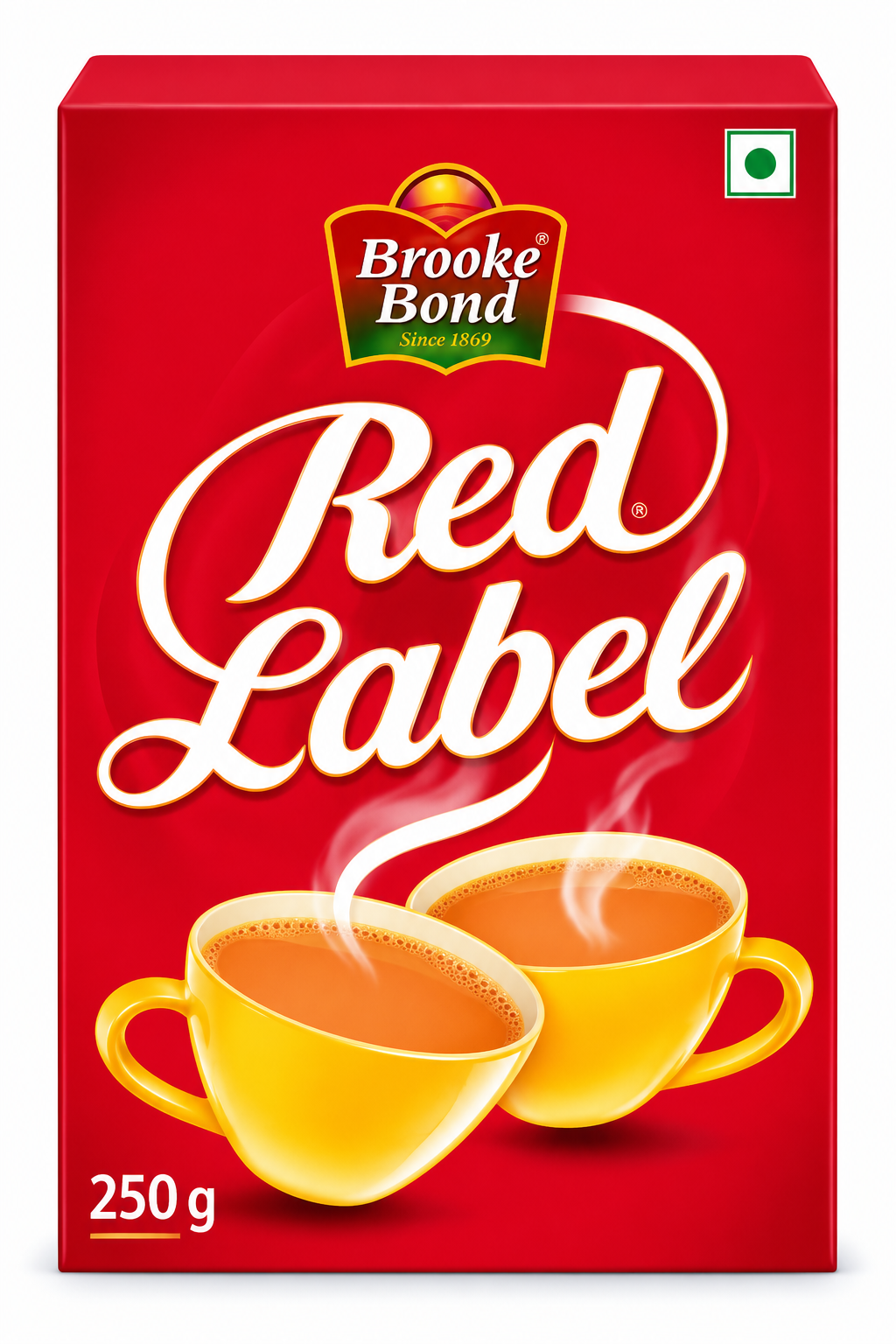 Brooke Bond Red Label Tea 250g box featuring bright red packaging, the Brooke Bond brand logo, prominent white Red Label lettering, and two yellow cups filled with steaming amber tea. Product pack displayed against a clean white background, ideal for a Shopify Indian grocery store listing.