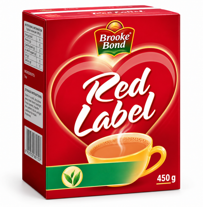 Brooke Bond Red Label Tea 450g box featuring bright red packaging, the iconic white Red Label lettering, a heart-shaped design, and a cup of tea, displayed against a clean white background.