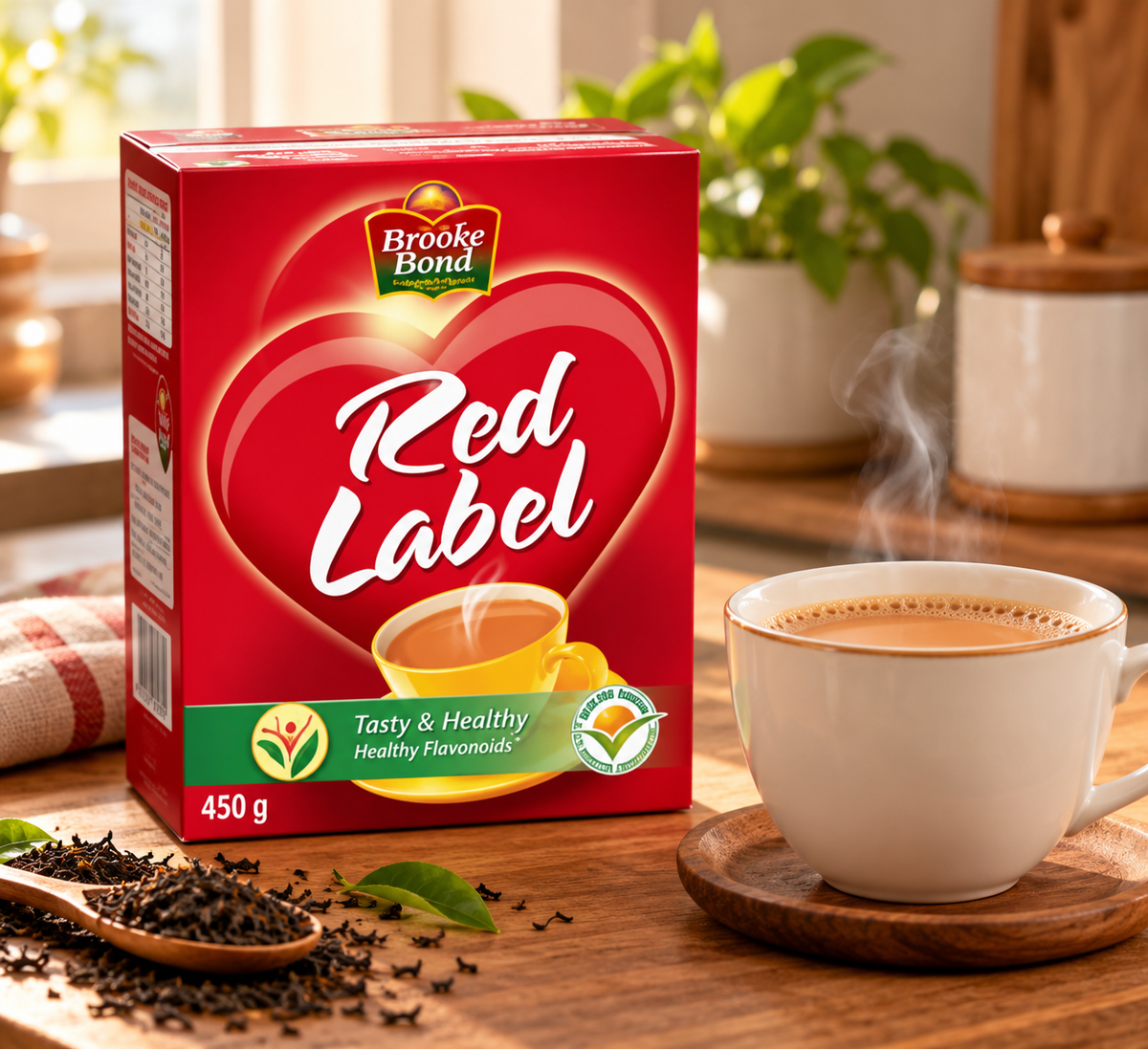 Brooke Bond Red Label Tea 450g box displayed beside a steaming cup of milky chai on a wooden kitchen counter, with loose tea leaves and a warm, softly lit kitchen background, ideal for a Shopify grocery product listing.