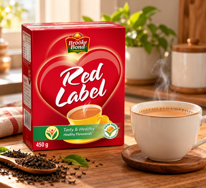 Brooke Bond Red Label Tea 450g box displayed beside a steaming cup of milky chai on a wooden kitchen counter, with loose tea leaves and a warm, softly lit kitchen background, ideal for a Shopify grocery product listing.