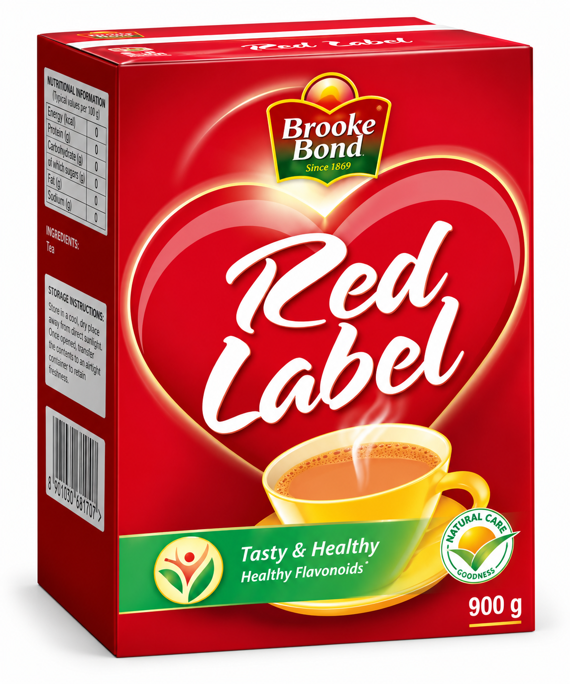 Brooke Bond Red Label Tea 900g box featuring bright red packaging, the Brooke Bond logo, prominent white Red Label lettering within a heart-shaped design, a yellow cup of tea, and a green lower band with a tea leaf emblem. The tea carton is displayed at an angle against a clean white background.