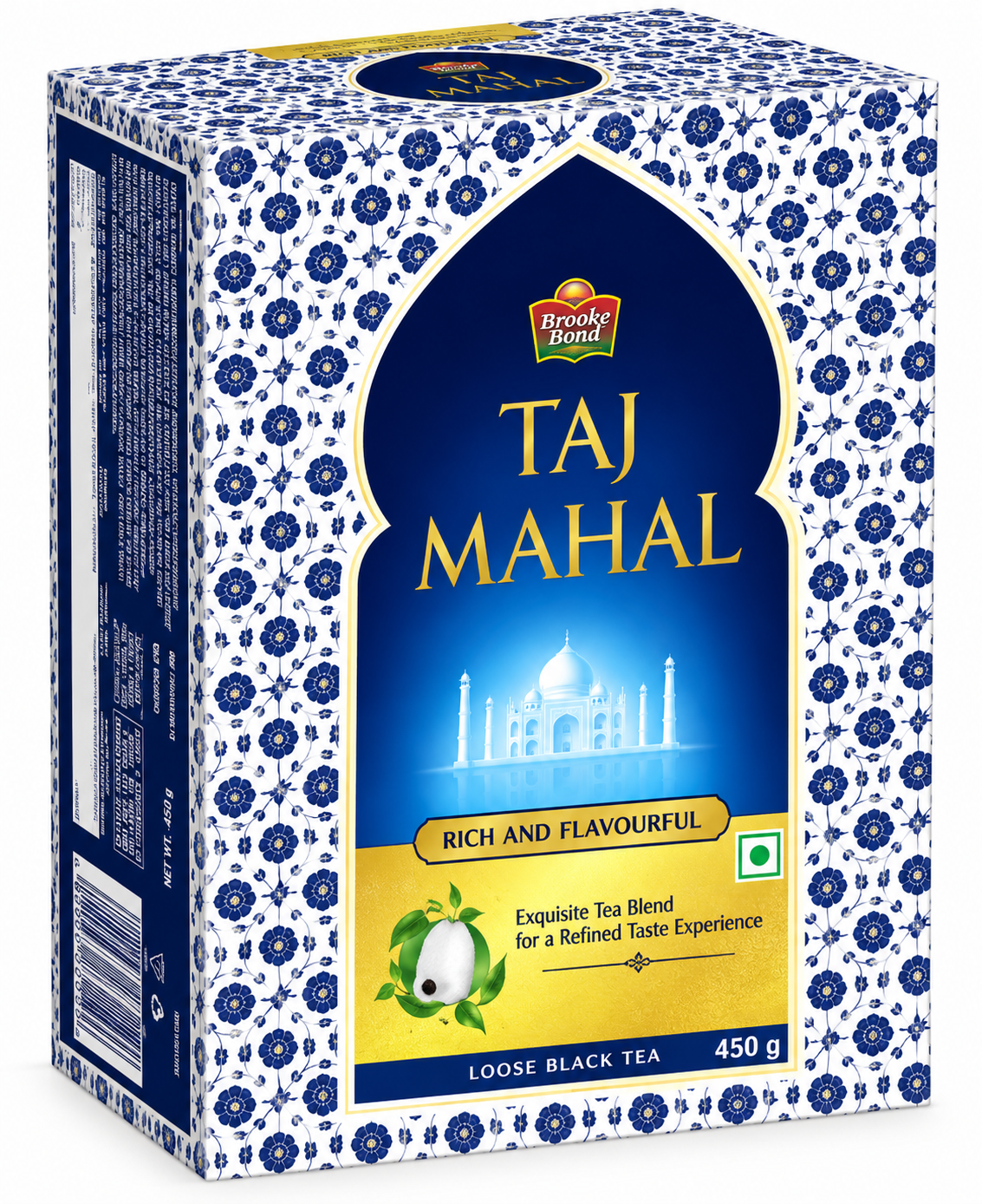 Brooke Bond Taj Mahal Tea 450g box featuring elegant blue and white floral-patterned packaging, a deep blue central panel with gold Taj Mahal branding, and a white illustration of the Taj Mahal monument. The premium-looking tea pack is displayed against a clean white background, ideal for a Shopify Indian grocery product listing.