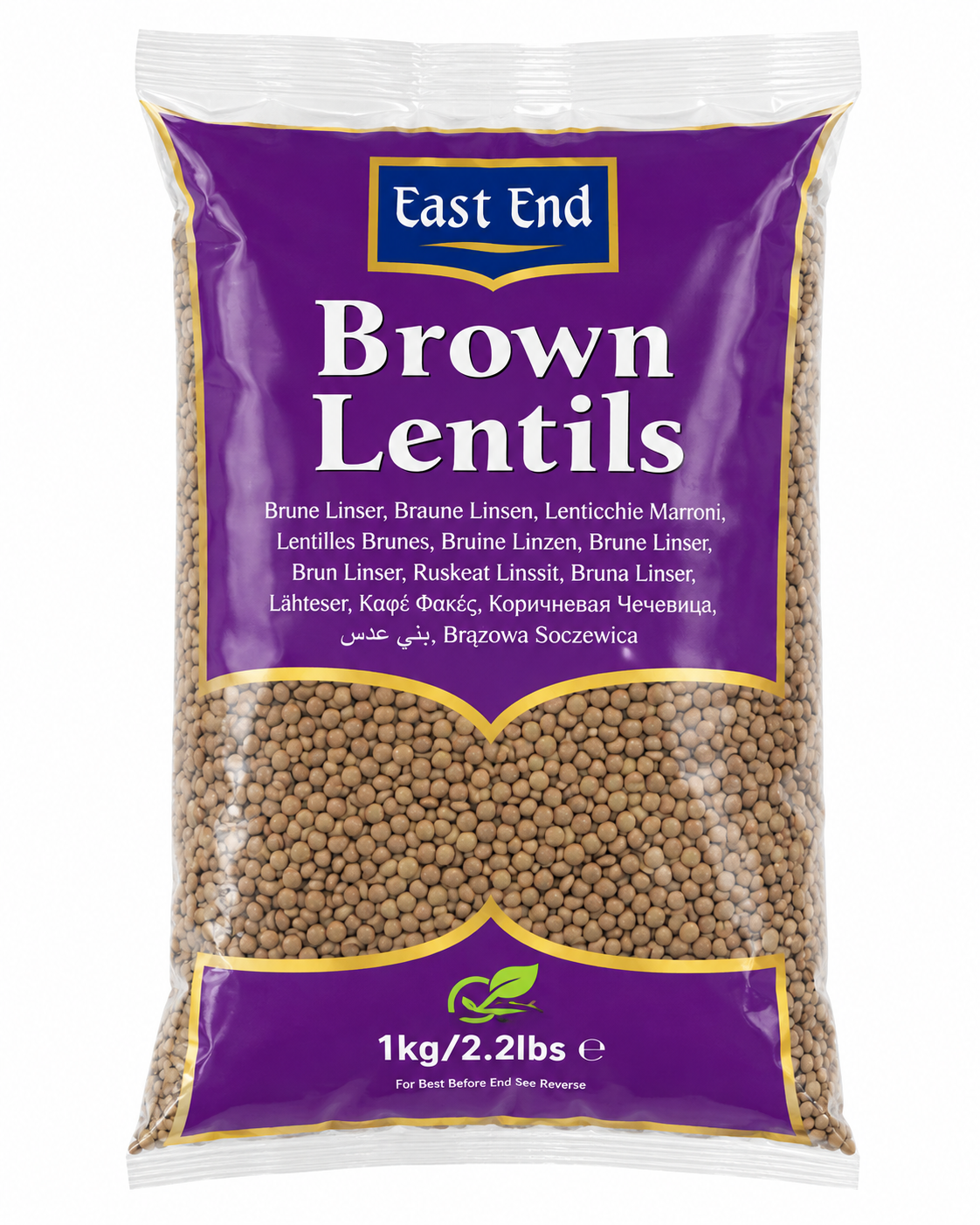 A 1kg bag of East End Brown Lentils, featuring a purple and gold label with a clear plastic bag showing the brown lentil grains inside.