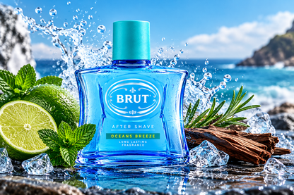 BRUT Oceans Breeze After Shave 100ml blue glass bottle surrounded by fresh lime, mint leaves, ice cubes and splashing water against a bright blue ocean background, highlighting a refreshing aftershave fragrance.