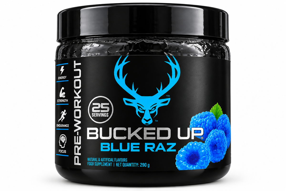 Bucked Up Blue Raz Pre-Workout Powder 290g, 25 servings, black supplement tub with blue raspberry flavour packaging on a white background.