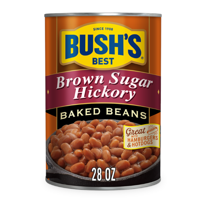 Can of Bush's Best Brown Sugar & Hickory Baked Beans (28oz), featuring tender beans in a sweet, smoky brown sugar and hickory sauce.