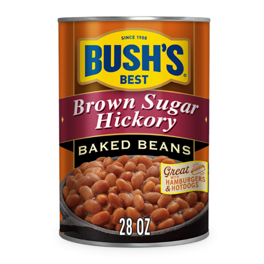 Can of Bush's Best Brown Sugar & Hickory Baked Beans (28oz), featuring tender beans in a sweet, smoky brown sugar and hickory sauce.