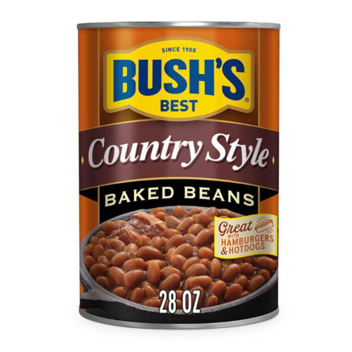 Can of Bush's Best Country Style Baked Beans (28oz), featuring tender beans in a savory, sweet sauce, perfect for a hearty meal.