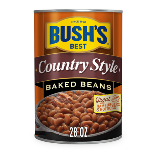Can of Bush's Best Country Style Baked Beans (28oz), featuring tender beans in a savory, sweet sauce, perfect for a hearty meal.