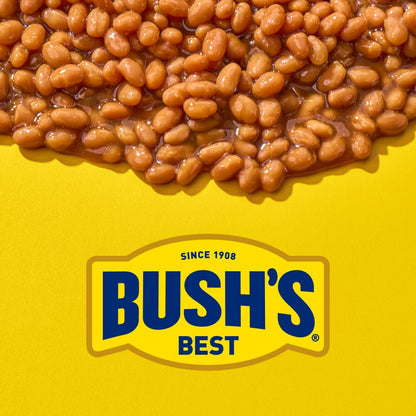 Opened can of Bush’s Best Honey Sweet Baked Beans showing thick, glossy sauce and navy beans.