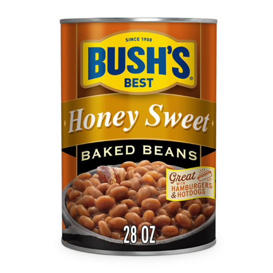 28 oz can of Bush’s Best Honey Sweet Baked Beans with golden label and honey-inspired design.