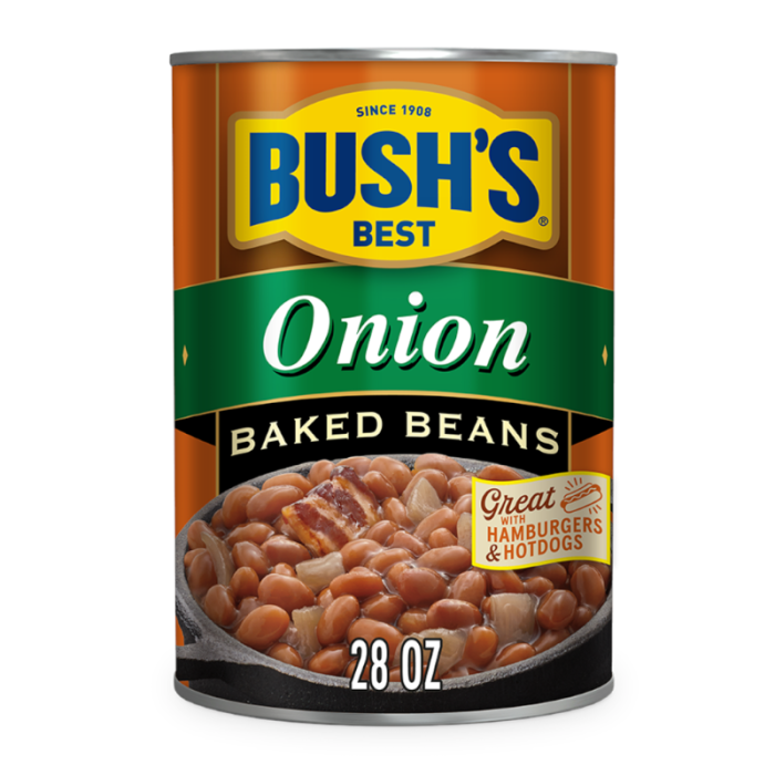 Close-up of a bowl of Bush's Best Baked Beans with Onion, showcasing the rich sauce and perfectly cooked beans.