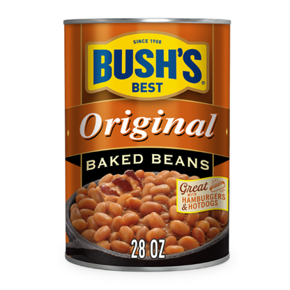 Bush’s Best Original Baked Beans served with burgers and hot dogs at a barbecue.