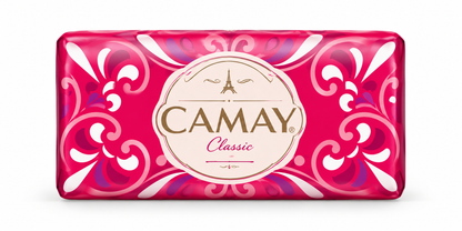 Camay Classic Soap 125g in glossy pink and red packaging with decorative white and purple floral patterns and a cream oval label with gold lettering, displayed on a clean white background.