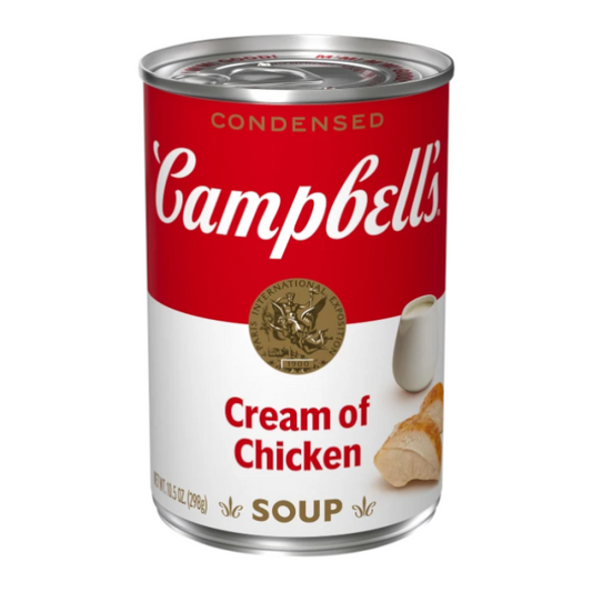 Campbell's Cream of Chicken Soup 298 g can highlighting rich, creamy chicken flavor