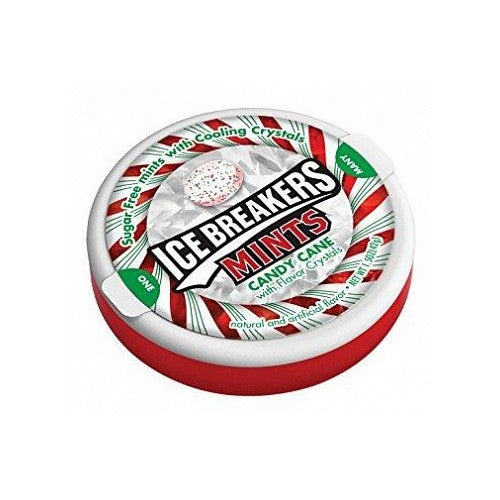 Sugar-free Ice Breakers Candy Cane mints in portable 42g tin