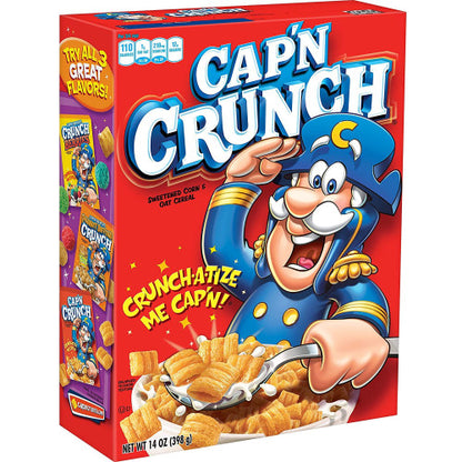 Cap'n Crunch Original cereal front packaging featuring sweetened corn and oat cereal with the iconic Cap'n Crunch mascot and crunchy golden cereal pieces.