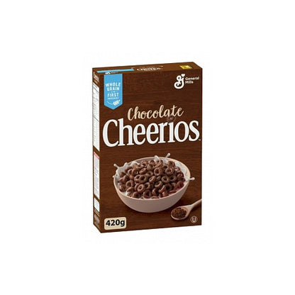 Chocolate Cheerios 420g breakfast cereal front packaging made with real cocoa and whole grain as the first ingredient.