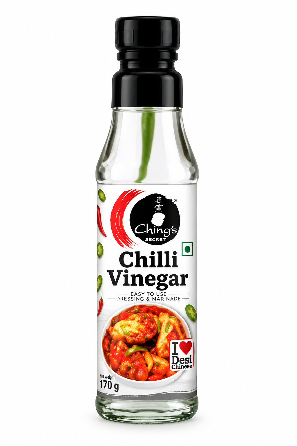 Ching’s Secret Chilli Vinegar 170g bottle with a black cap, clear glass packaging, white label, bold black product lettering, red chilli graphics and Indo-Chinese food imagery.