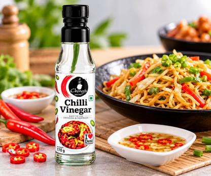 Ching’s Secret Chilli Vinegar 170g bottle displayed beside stir-fried noodles, a bowl of chilli dipping sauce and fresh red chillies on a kitchen table.
