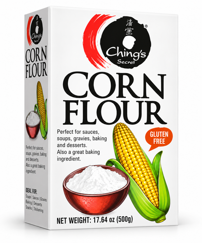 Ching’s Secret Corn Flour 500g box featuring white packaging, black and red Ching’s Secret logo, bold Corn Flour lettering, yellow corn illustrations, a bowl of white corn flour and a gluten-free label.