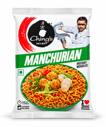 Ching’s Secret Manchurian Instant Noodles 60g packet featuring white packaging, the black and red Ching’s Secret logo, a green Manchurian banner, and a bowl of noodles with vegetables and Manchurian balls against a clean white background.