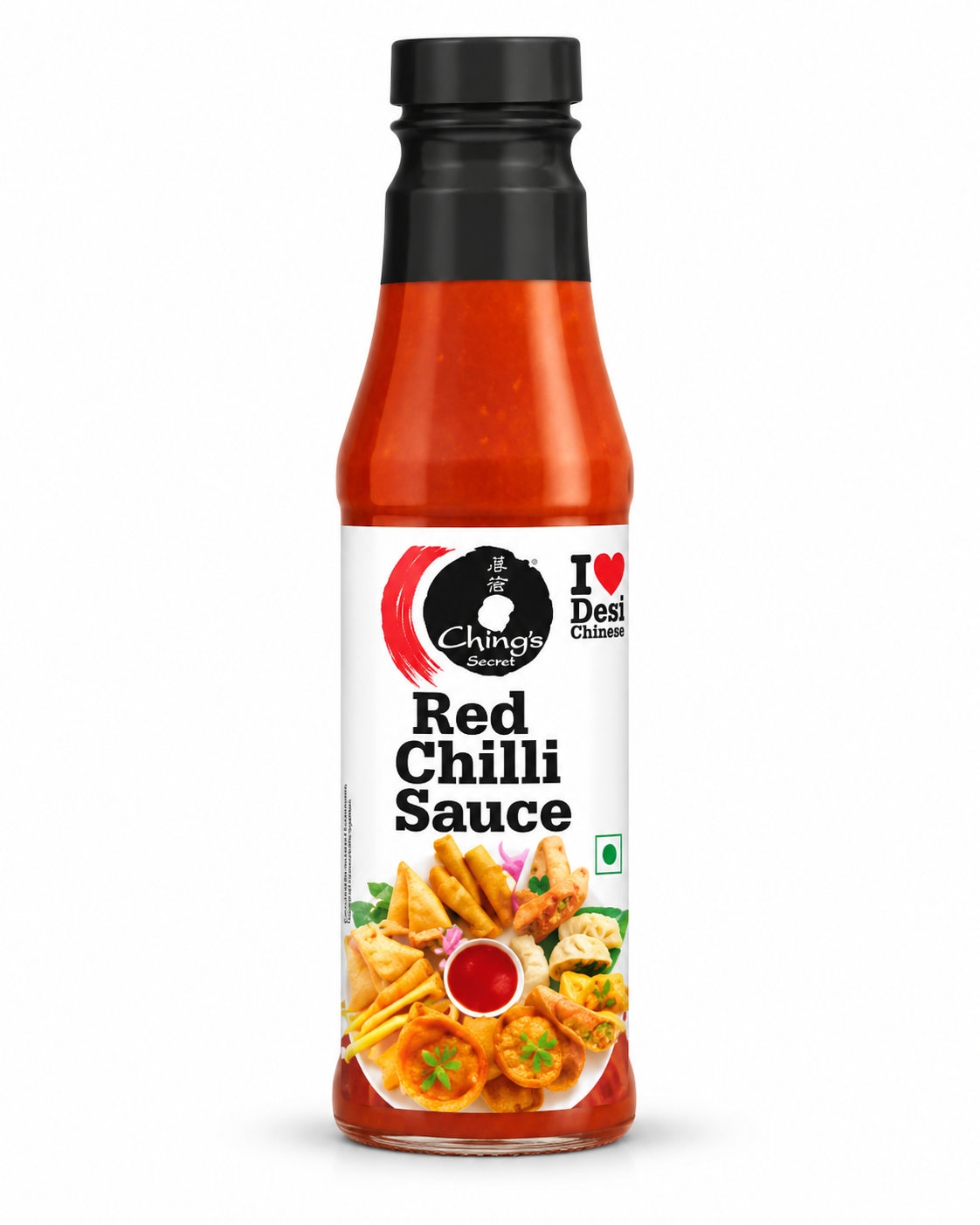 Ching’s Secret Red Chilli Sauce 190g bottle with red-orange sauce, black cap, white label, Ching’s Secret logo and images of crispy snacks with red dipping sauce.