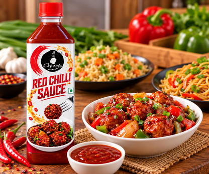 Ching’s Secret Red Chilli Sauce 680g bottle displayed on a rustic wooden kitchen table beside a bowl of glossy chilli-coated vegetable appetisers garnished with spring onions and red and green peppers. The bottle features a red cap, white label, Ching’s Secret logo, and bold Red Chilli Sauce branding. Fresh red chillies, garlic, chopped vegetables, a small bowl of red dipping sauce, vegetable fried rice, and stir-fried noodles complete the vibrant food setting.