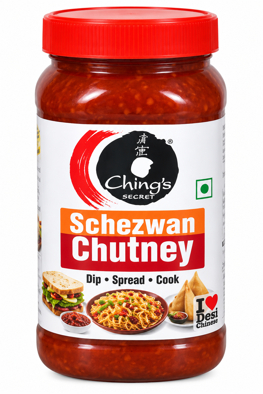Ching’s Secret Schezwan Chutney 1kg in a transparent jar with a bright red lid, white label, red and orange branding, and serving suggestions featuring noodles, sandwiches and snacks.