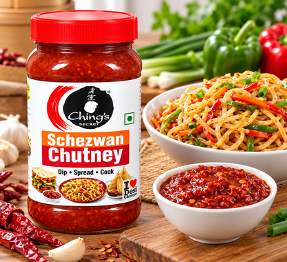 Ching’s Secret Schezwan Chutney jar displayed beside a bowl of spicy red Schezwan chutney and vegetable noodles, with fresh red chillies, garlic, spring onions and colourful peppers on a wooden tabletop.