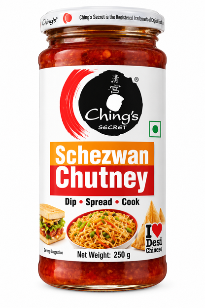 Ching’s Secret Schezwan Chutney 250g glass jar featuring a white label with the black and red Ching’s Secret logo, bold orange and red Schezwan Chutney lettering, and images of noodles, a sandwich, and samosas, with red chilli chutney visible through the jar against a clean white background.