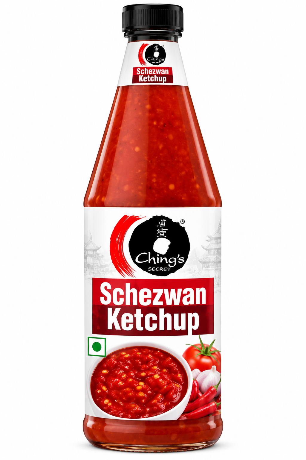 Ching’s Secret Schezwan Ketchup 485g bottle with a black cap, red sauce, white label, bold branding, and tomato and chilli graphics, displayed against a clean white background.