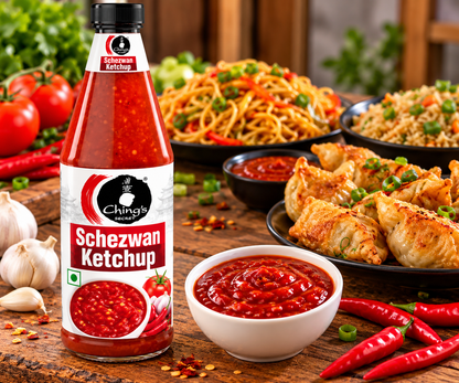 Ching’s Secret Schezwan Ketchup 485g bottle beside a bowl of red ketchup, fresh red chillies, tomatoes, garlic, and crispy dumplings on a wooden table.