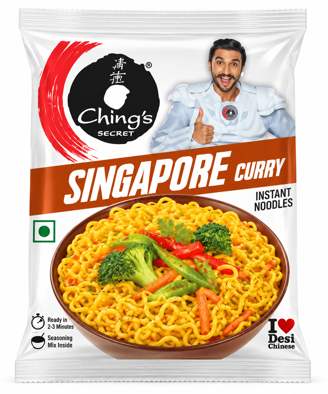 Ching’s Secret Singapore Curry Instant Noodles 60g packet featuring white packaging with bold red, black, and brown-orange branding, the Ching’s Secret logo, and prominent Singapore Curry Instant Noodles lettering. The front of the pack displays a delicious bowl of golden curry noodles garnished with broccoli, red and green peppers, carrots, and fresh herbs, alongside a smiling man giving a thumbs-up. The packaging also features a green vegetarian symbol and preparation details highlighting ready in 2–3 min