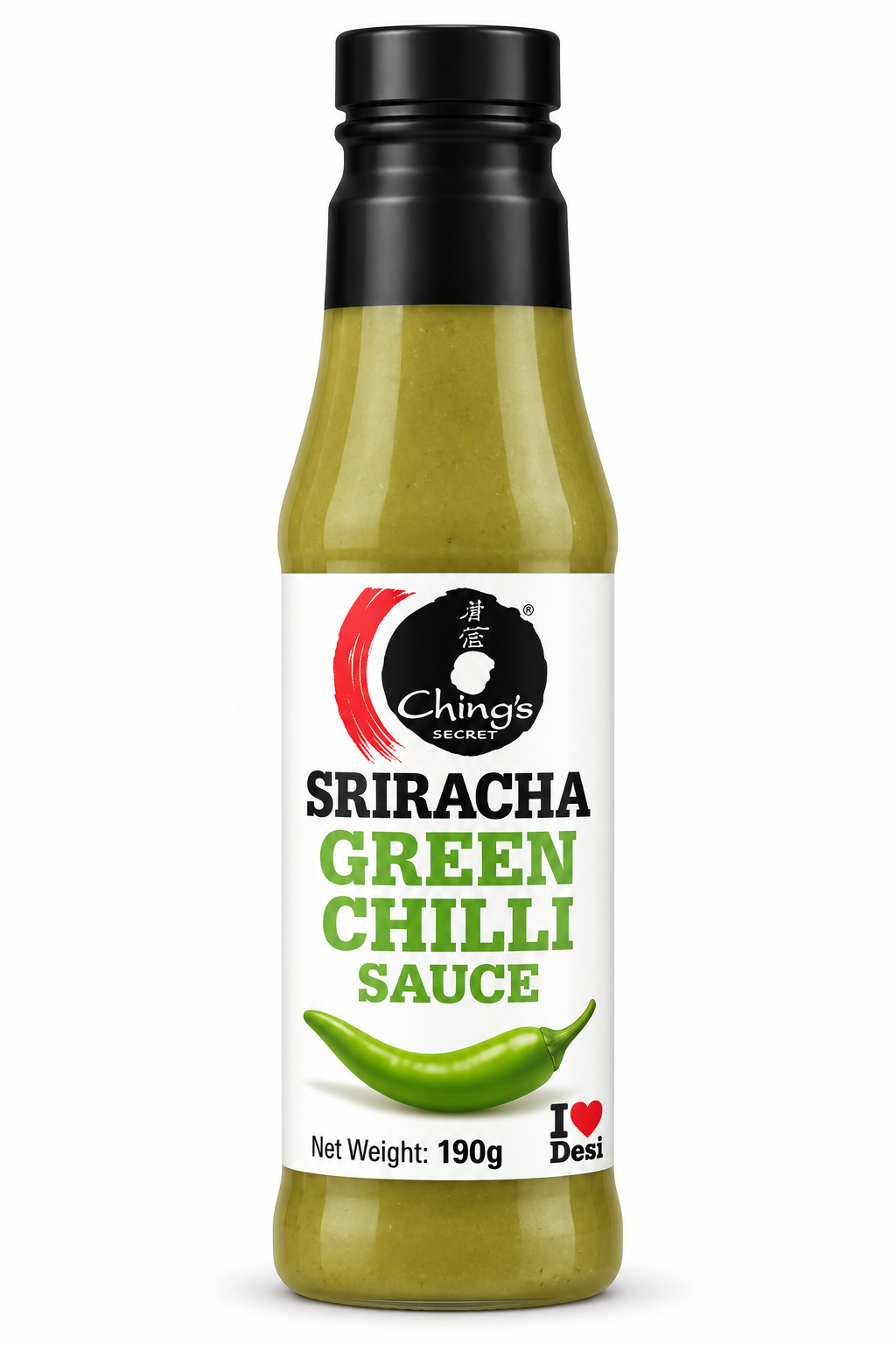 Ching’s Secret Sriracha Green Chilli Sauce 190g bottle with a black cap, green chilli sauce, white label, bold green product lettering and fresh green chilli illustration.