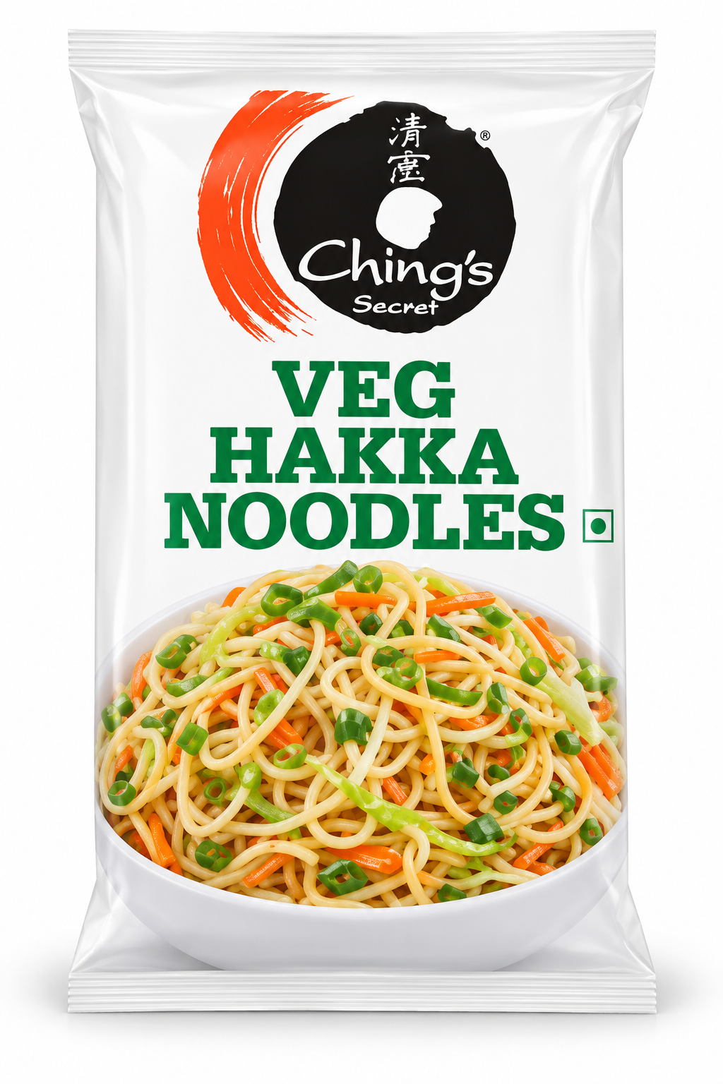 Ching’s Secret Veg Hakka Noodles 560g packet featuring white packaging, black and orange Ching’s Secret logo, bold green product name and a bowl of noodles with colourful vegetables.