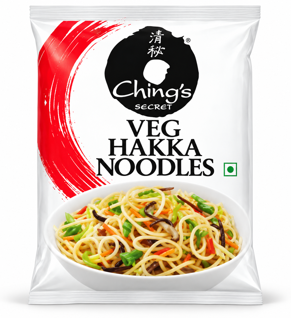 Ching’s Secret Veg Hakka Noodles 840g in white packaging with red graphics, black Ching’s logo, green vegetarian symbol and a serving suggestion of stir-fried noodles with colourful vegetables.