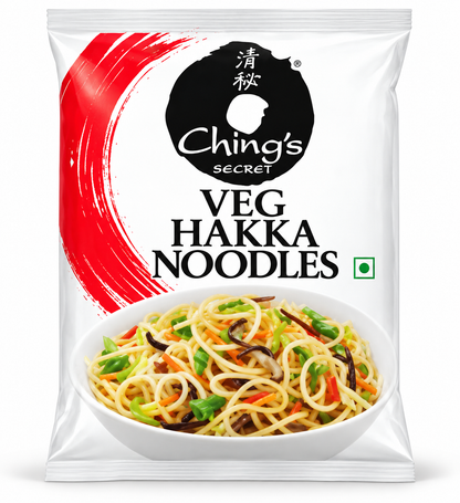Ching’s Secret Veg Hakka Noodles 840g in white packaging with red graphics, black Ching’s logo, green vegetarian symbol and a serving suggestion of stir-fried noodles with colourful vegetables.