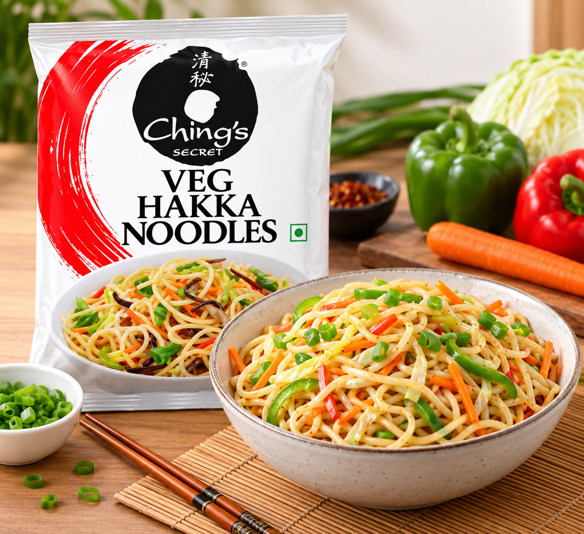 Ching’s Secret Veg Hakka Noodles packet displayed beside a bowl of cooked Hakka noodles with carrots, cabbage, green peppers and spring onions, accompanied by fresh vegetables, chopsticks and herbs on a wooden tabletop.