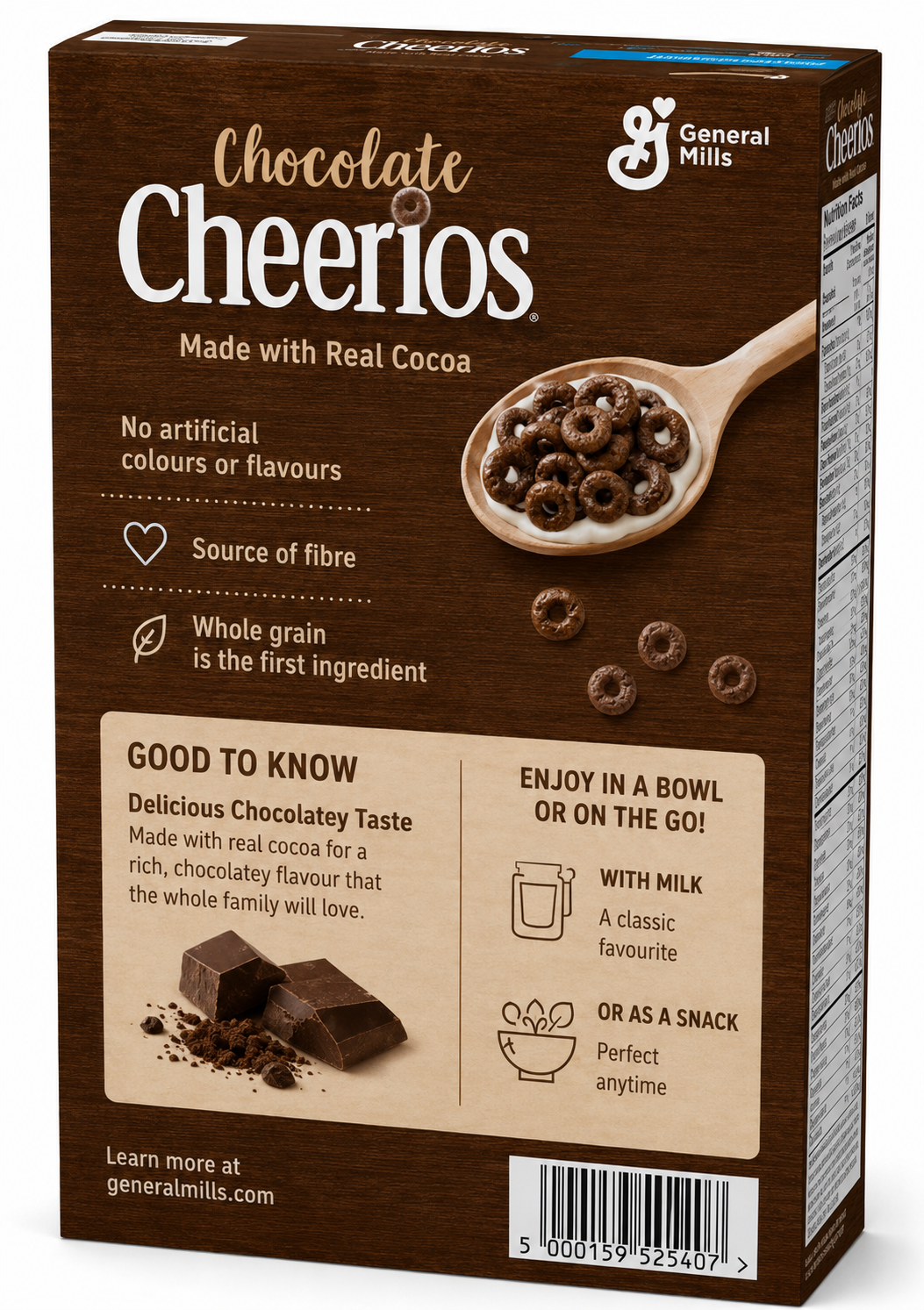 Chocolate Cheerios 420g back packaging showing nutritional information, serving suggestions and product details.