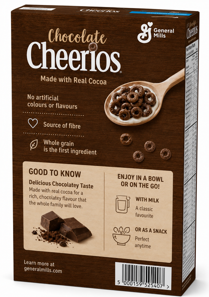 Chocolate Cheerios 420g back packaging showing nutritional information, serving suggestions and product details.