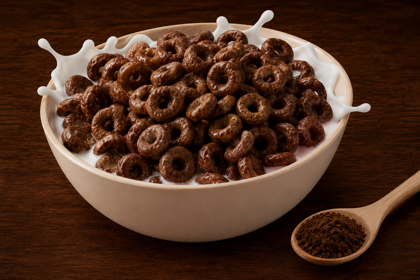 Bowl of Chocolate Cheerios cereal served with milk and cocoa powder, made with real cocoa for a delicious chocolatey breakfast.