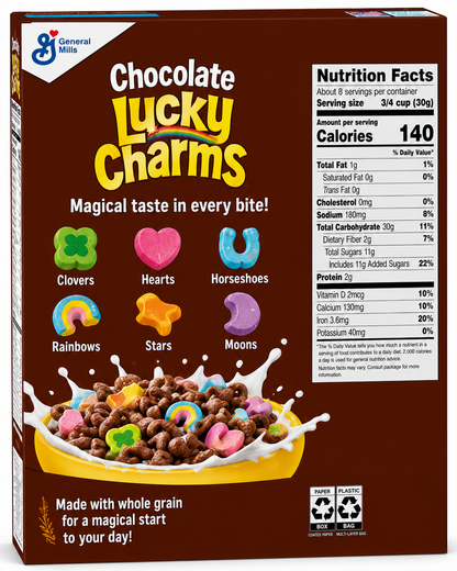 Chocolate Lucky Charms 340g back packaging showing nutrition facts, marshmallow shapes and serving information without barcode.