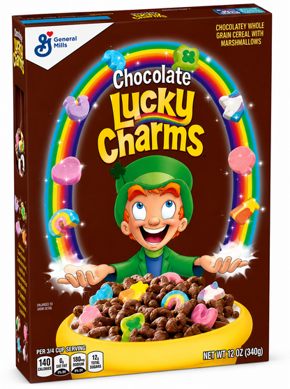 Chocolate Lucky Charms 340g breakfast cereal front packaging featuring chocolate whole grain cereal with colourful marshmallows and the iconic Lucky mascot.